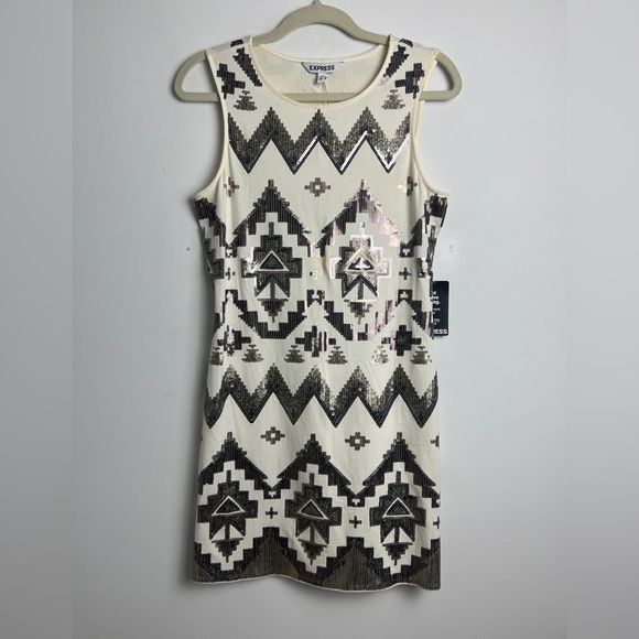 NEW Express Size M Cream Brown Sequin Aztec Print Sleeveless Shift Mini Dress - Picture 2 of 9